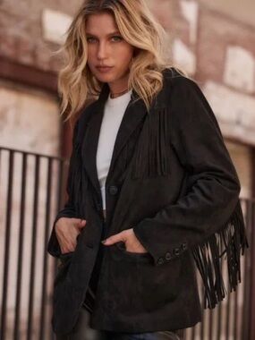 12th Tribe Luna Black Suede Fringe Blazer
